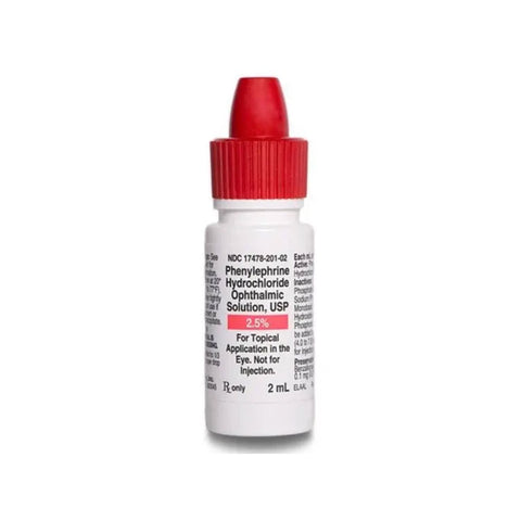 A small 2mL white plastic bottle with a red cap, labeled Phenylephrine Hydrochloride Ophthalmic Solution 2.5% by LifeStar from MedPharma USA. Designed for topical eye application to assist in pupil dilation; not for injection.