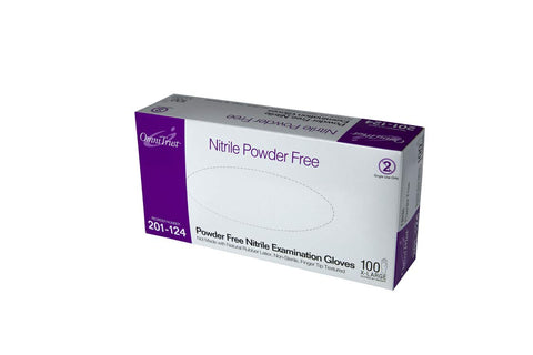 An image of a box of OmniTrust Exam Gloves, by MedPharma USA, highlights the Nitrile Powder-Free feature for enhanced protection. This small box contains 100 gloves and is primarily white with purple accents.
