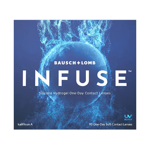 Image of Infuse by Bausch & Lomb (90-Pack) box. Text: Silicone Hydrogel High-Definition Optics and 90 Daily Disposable Soft Contact Lenses. Features a blue design with a circular, water-like motif in the background.