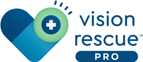 Logo featuring a stylized heart in shades of blue with a green circle containing a white cross. The text on the right reads vision rescue PRO in dark blue letters.