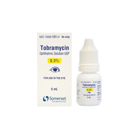 Tobramycin, 0.3%, 5mL by Somerset Therapeutics (MedPharma USA) is an ophthalmic antibiotic for ocular infections, with dosage and NDC number on the box and bottle.