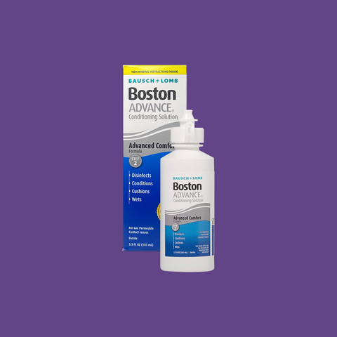 A bottle of Bausch & Lomb Boston Advance Conditioning Solution, 3.5oz, featuring a blue label and patented multi-polymer cushioning system for gas permeable patients, stands against a purple background. The box behind it displays matching branding and details.
