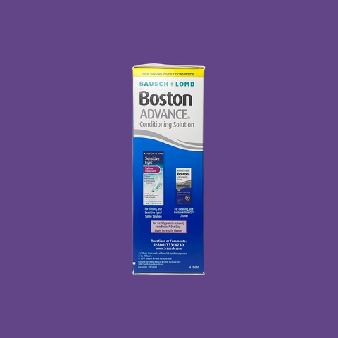 The Boston Advance Conditioning Solution, 3.5oz by Bausch & Lomb, is shown on a purple background. Designed for gas permeable lens wearers, the blue packaging features white text and a bottle image. Its patented multi-polymer cushioning system ensures optimal comfort and performance.