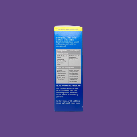 A box features a blue and yellow design on a purple background, promoting Bausch & Lomb’s Boston Advance Conditioning Solution, 3.5oz, with its patented multi-polymer cushioning for gas permeable lens users. Ingredients, functions, and an eye care message are listed on the side in tiny text.