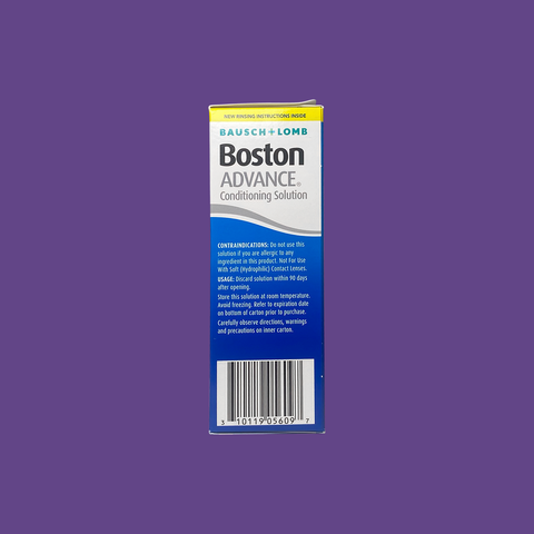 A box of Bausch & Lomb Boston Advance Conditioning Solution, 3.5oz, rests against a purple backdrop displaying the product name, instructions, and a barcode. Ideal for gas permeable patients, it offers comfort and care with its patented multi-polymer cushioning system.