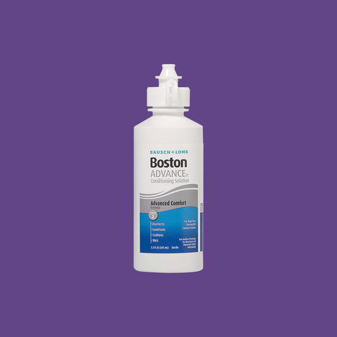 The Boston Advance Conditioning Solution by Bausch & Lomb features a patented multi-polymer cushioning system. The white bottle with a blue label and pointed nozzle cap is designed for gas permeable patients and shown against a solid purple background.