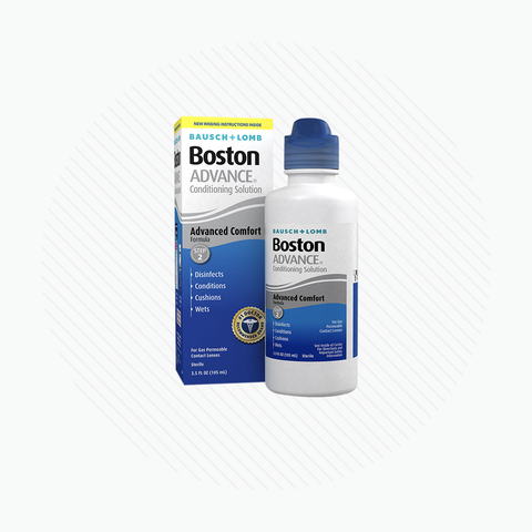 The Bausch & Lomb Boston Advance Conditioning Solution, 3.5oz, offers a patented multi-polymer cushioning system for enhanced comfort. Its matching white bottle with a blue label and sleek box is perfect for cleaning and conditioning gas permeable contact lenses.