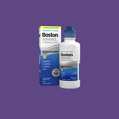 A 3.5oz bottle of Boston Advance Conditioning Solution is showcased in front of its box, bearing the Bausch & Lomb label in white and blue, featuring a patented multi-polymer cushioning system for enhanced comfort for gas permeable lens users.