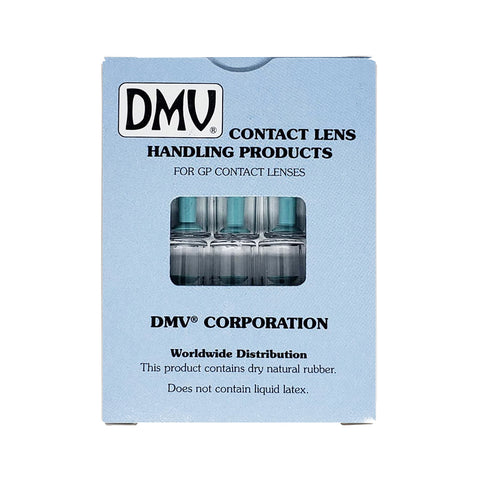 A blue DMV Ultra box with a transparent window displays GP lenses and the DMV Traditional Remover for easy contact lens removal, highlighting worldwide distribution, natural rubber material, and no liquid latex.