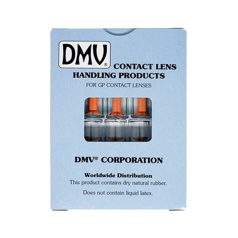 The DMV Ultra Hard Contact Lens Remover (10-Packs) by DMV comes in a blue box with a transparent window, showing four orange and clear tools. Featuring the classic DMV Traditional Remover with suction cup, it’s distributed worldwide and contains no liquid latex.