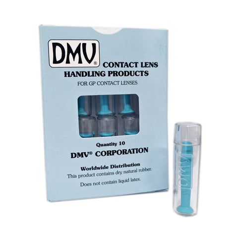 The DMV Ultra Hard Contact Lens Remover (10-Packs) by DMV includes 10 blue suction cups for GP lenses. Made with dry natural rubber, they are free from liquid latex and ensure safe lens removal.