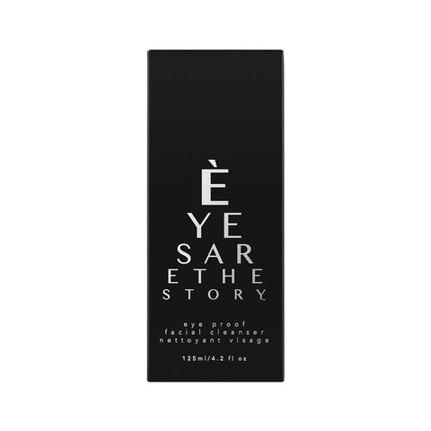 A sleek black rectangular box features Eyes are the Story prominently. Below in smaller text: Eye Proof Facial Cleanser with resveratrol antioxidants for a refreshing cleanse, 125ml / 4.2 fl oz.