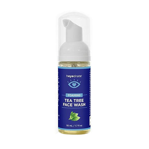 The Heyedrate Foaming Tea Tree Face Wash by PRN - Physician Recommended Nutriceuticals comes in a 50ml (1.7oz) transparent bottle with a pump dispenser, blue label, and eye logo. Its soothing white foam serves as a botanical-rich eyelid cleanser.