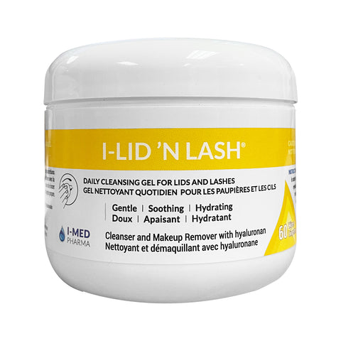 A 60-count white pack of I-LID ’N LASH® Wipes by I-Med Pharma, designed for sensitive eyes. These wipes provide a gentle, soothing, and hydrating cleanse with hyaluronan for optimal eyelid hygiene.