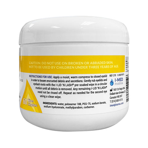 The I-Med Pharma I-LID ’N LASH® Wipes are gentley hydrating eyelid and lash cleansers for sensitive eyes. The 60-count white container includes instructions, a skin caution, and ingredients like water, poloxamer 188, and sodium hyaluronate.