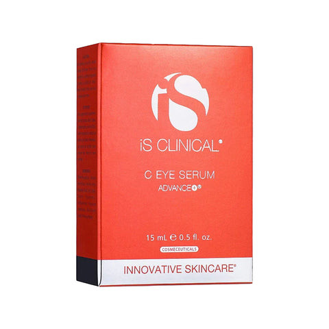 The image displays a red and white box of iS Clinical C Eye Serum Advance+ for age-defying and hydrating skin. The packaging highlights the brand logo, product name, size (15 mL, 0.5 fl. oz.), Innovative Skincare, and features Vitamin C prominently.