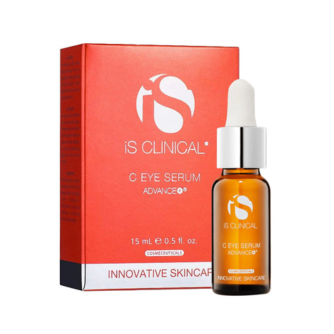 A 15ml brown dropper bottle labeled iS Clinical C Eye Serum Advance+ stands beside a matching red box, promising age-defying and hydrating benefits with Vitamin C for rejuvenated skin around your eyes.