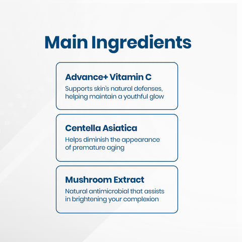 The Main Ingredients list includes: Advance+ Vitamin C, which supports natural defenses for youthful skin; Centella Asiatica to reduce signs of premature aging; and Mushroom Extract, an antimicrobial that brightens the complexion—all in iS Clinicals C Eye Serum Advance+ for Age-Defying and Hydrating skin.