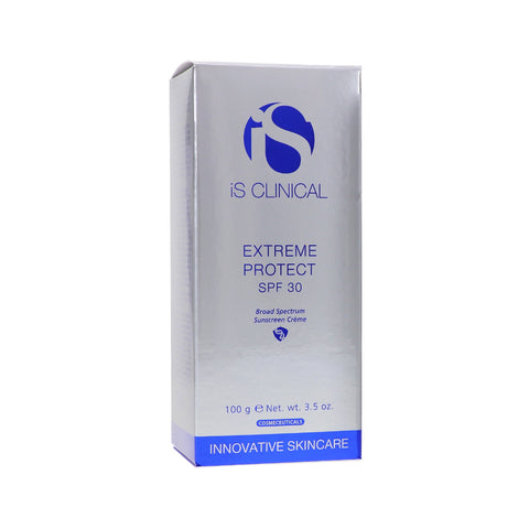 IS Clinical Extreme Protect SPF 30 sunscreen, in a silver box, features a blue logo and text indicating it is a broad-spectrum and moisturizing cream infused with antioxidants. Packaging highlights Innovative Skincare at the bottom. Net weight: 100g / 3.5 oz.