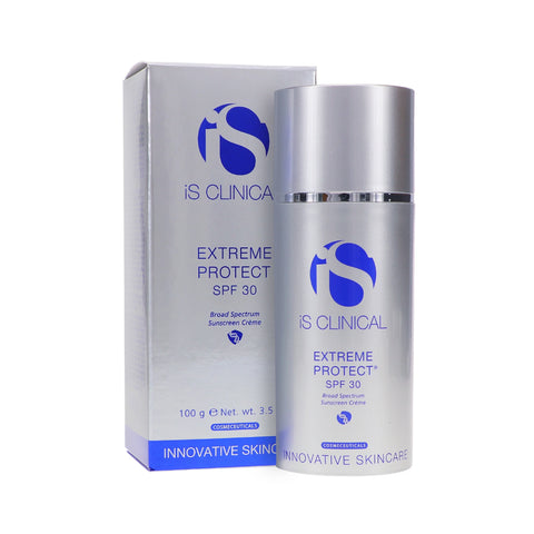 The silver iS Clinical Extreme Protect SPF 30 sunscreen bottle features a sleek design with blue Broad Spectrum and Moisturizing lettering, containing 3.5 oz of antioxidant-infused skincare for enhanced protection.