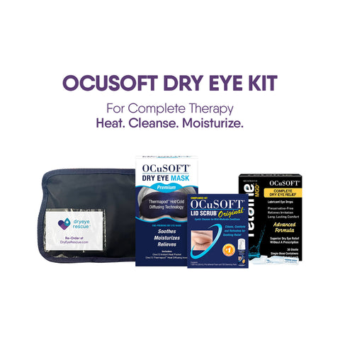 Image of the OCuSOFT Eye Kit, including the OCuSoft Dry Eye Mask, lid scrub, and lubricant eyedrops. All items are in a dark zippered pouch. Text: Complete Therapy: Heat. Cleanse. Moisturize.