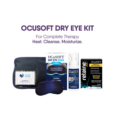 Image of OCuSOFT Eye Kit with a dry eye mask, cleansing foam, eye drops, and pouch. Text: For Complete Therapy: Heat with OCuSOFT Mask. Cleanse with Lid Scrub. Moisturize.