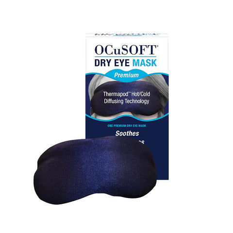 The OCuSOFT Eye Kit, highlighted by a dark blue eye mask with Premium and Thermapod Hot/Cold Diffusing Technology, is showcased in front of its box. Paired with OCuSoft Retaine MGD, its crafted to soothe and comfort dry eyes.
