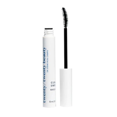 Open a tube of Twenty Twenty Clean Sweep Mascara in Pitch Black, featuring a black brush applicator. The white tube displays blue text and is ideal for sensitive eyes.