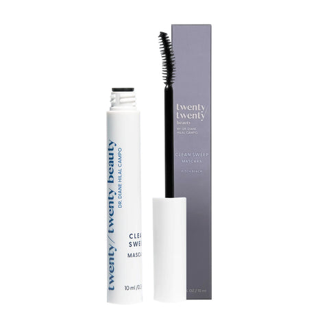 A 10ml tube of Twenty Twenty Clean Sweep Mascara, Pitch Black, with a brush applicator for sensitive eyes. Featuring white packaging with blue text and a sleek grey box, it ensures a gentle, irritation-free experience.