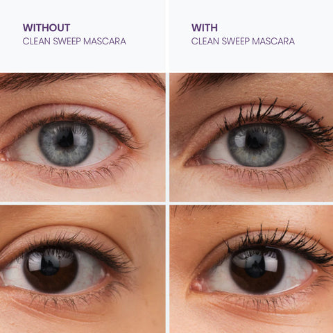 Split image displaying two eyes: the left shows bare lashes titled Without Twenty Twenty Clean Sweep Mascara, and the right side highlights enhanced lashes labeled With Twenty Twenty Clean Sweep Mascara, Pitch Black, 10ml, ideal for sensitive eyes due to its clean formulation with hyaluronic acid.