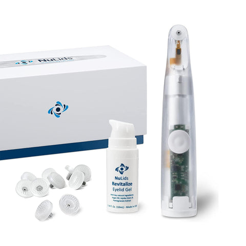 The NuLids All Natural At-home Dry Eye Treatment by NuSight Medical includes a white electronic device, 180 tips, and Revitalize Eyelid Gel, all featuring a blue and black logo. A product box in the background targets relief for Meibomian Gland Dysfunction.