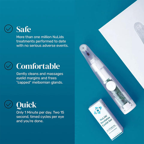 A NuSight Medical NuLids All Natural At-home Dry Eye Treatment 180 rests on a blue surface, featuring the tagline Safe, Comfortable, Quick for effective Meibomian Gland Dysfunction treatment and efficient dry eye relief.
