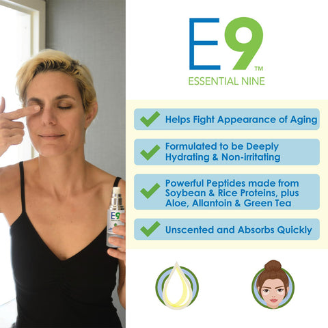 A person gently applies PRNs Essential Nine Eyelid & Skin Therapy serum, claiming to reduce puffiness, wrinkles, and dark circles with quick absorption. The non-irritating formula contains soybean, rice proteins, aloe, allantoin, and green tea.