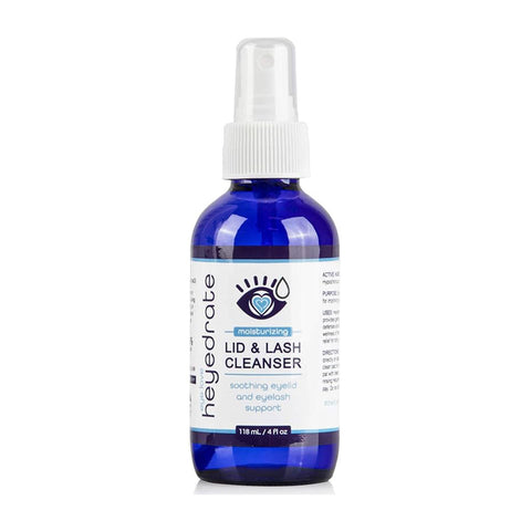 PRNs Heyedrate Lid & Lash Cleanser is a blue 118ml bottle with white and silver accents. It moisturizes, soothes eyelids and lashes, and contains hypochlorous acid for effective dry eye relief. Perfect for daily care over a 4-month supply.