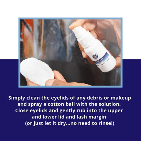 Using PRNs Heyedrate Lid & Lash Cleanser, spray a cotton pad and clean eyelids, rubbing the upper and lower lid and lash margin for dry eye relief. The bottle features an eye logo.