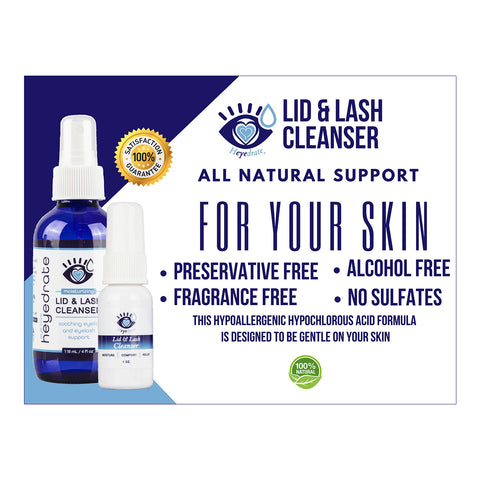 Image of two bottles of Heyedrate Lid & Lash Cleanser by PRN - Physician Recommended Nutriceuticals, featuring a larger blue spray bottle and a smaller white one. This dry eye relief formula is preservative-free, fragrance-free, alcohol-free, and sulfate-free with hypochlorous acid and a satisfaction guarantee badge.