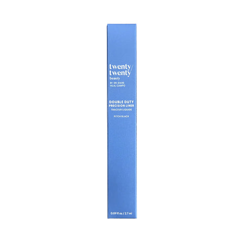 A blue rectangular Twenty Twenty box displays the Double Duty Precision Eyeliner (Pitch Black) 2.7mL, ophthalmologist-tested and designed for fuller lashes. Vertical white text provides product details, ensuring eye safety with this precision eyeliner.