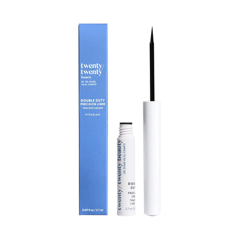 A blue Twenty Twenty Beauty box is beside an open white eyeliner tube with a fine black brush. The ophthalmologist-tested Double Duty Precision Eyeliner in Pitch Black offers fuller-looking lashes and contains 2.7mL (0.09 fl oz).