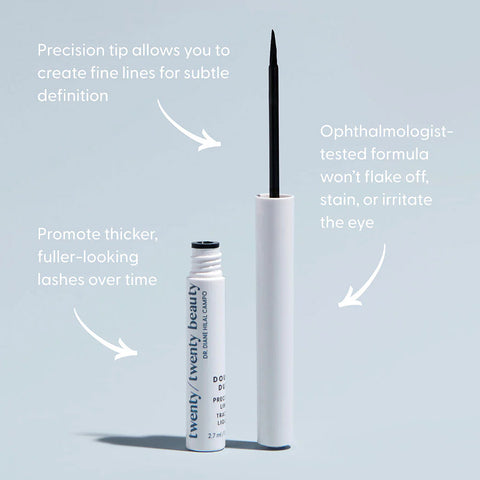 Open a white tube of Twenty Twenty Double Duty Precision Eyeliner in Pitch Black, featuring a precision tip brush. The light blue packaging is labeled Twenty Twenty, and the ophthalmologist-tested liner promotes fuller-looking lashes.