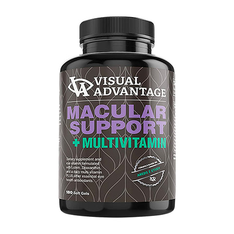 A 180 soft gel bottle of Lunovus Visual Advantage Macular Support + Multivitamin AREDS 2 features lutein and zeaxanthin for macular degeneration, with a dark label showcasing light text and leaf patterns.