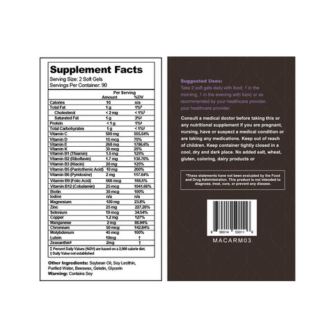 The image features a supplement label for Lunovus Visual Advantage Macular Support + Multivitamin AREDS 2, listing nutrients like fish oil and soy lecithin. The suggested use is two soft gels daily with food, while a warning notes the presence of soy.