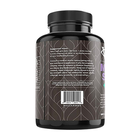 A sleek black bottle for Lunovus Visual Advantage Macular Support + Multivitamin AREDS 2 showcases benefits and usage in crisp white text. A barcode and small text suggest soft gels inside, providing lutein and zeaxanthin for macular support.