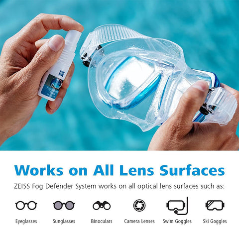 Someone holds swim goggles and a ZEISS Fog Defender System Anti-Fog Spray for Glasses, ensuring clear vision. This reliable solution is compatible with eyeglasses, sunglasses, binoculars, camera lenses, swim goggles, and ski goggles.