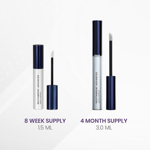 Two tubes of RevitaBrow Advanced Eyebrow Conditioner Serum by RevitaLash are shown: a 1.5 ml 8-week supply and a 3.0 ml 4-month supply, both with open applicators and dark blue caps infused with BioPeptin Complex®.