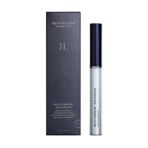 A RevitaLash product featuring a dark gray box with its logo stands alongside a silver tube labeled RevitaBrow Advanced Eyebrow Conditioner. This eyebrow serum, including BioPeptin Complex, is marked 3.0 mL / 0.101 fl oz.