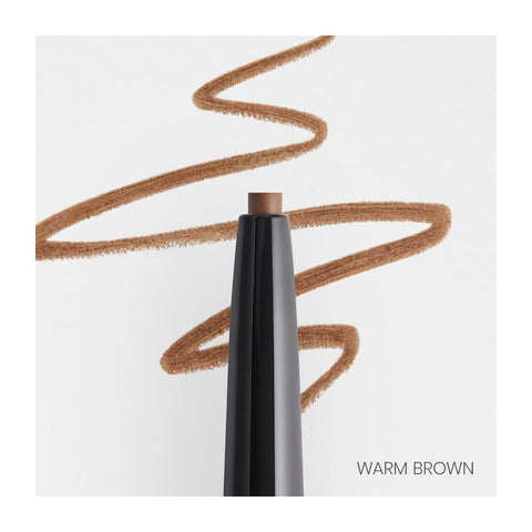 The RevitaLash Hi-Def Brow Pencil in warm brown, part of a hypoallergenic line available in 3 colors, is depicted with its tip exposed beside a drawn wavy line. The water-resistant formula ensures long wear. WARM BROWN is inscribed in the images lower right corner against a white backdrop.