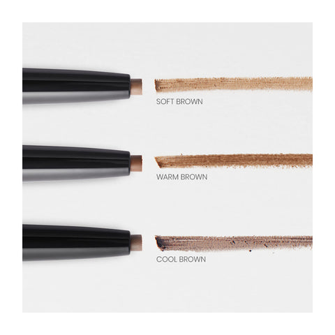 Three RevitaLash Hi-Def Brow Pencils, Hypoallergenic (Soft Brown, Warm Brown, Cool Brown), are displayed horizontally with water-resistant color swatches on a white background.