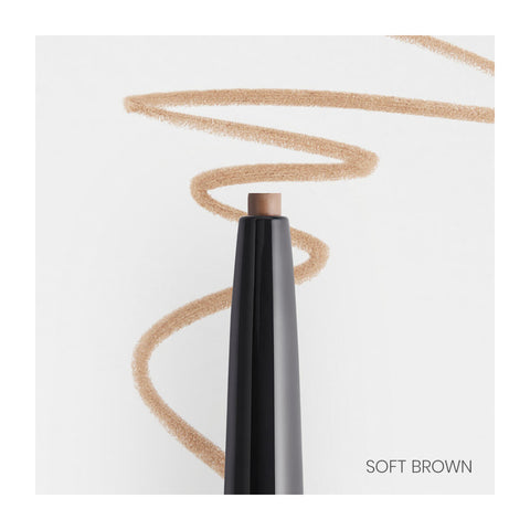 The RevitaLash Hi-Def Brow Pencil, hypoallergenic and long-wearing, is showcased with its black casing on a white background. A soft brown line drawn by the water-resistant pencil curls next to it, with Soft Brown elegantly displayed in the bottom right corner.