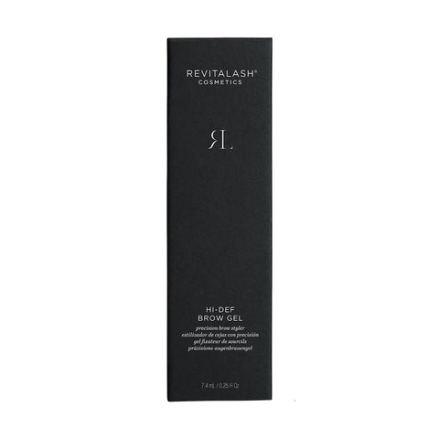 A tall, black rectangular box featuring Revitalash Hi-Def Brow Gel in white with an RL logo contains 7.4 mL (0.25 fl. oz.) of brow gel and a precision styling brush for perfect eyebrow setting.