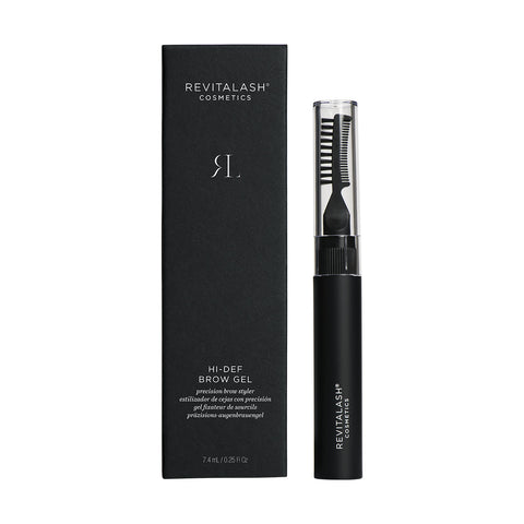 A black box labeled RevitaLash sits beside a sleek tube of RevitaLash Hi-Def Brow Gel (3 Colors), featuring a precision styling brush with both brush and comb. The product contains 7.4 ml (0.25 fl oz) and is ideal for setting eyebrows.